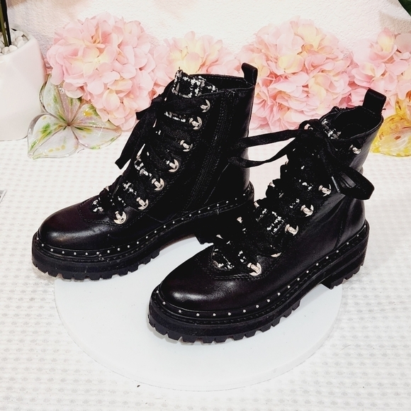 Steve Madden Shoes - STEVE MADDEN Black Rainier Leather & Tweed Moto Combat Boots Size 5.5M